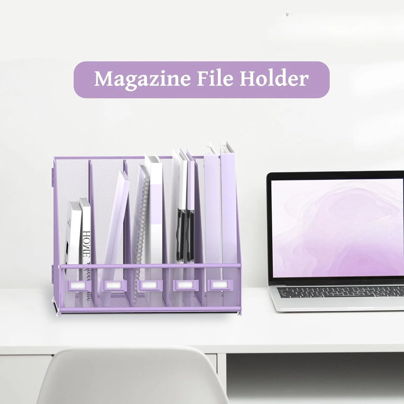 Metal Desk File Organizers With 5 Vertical Compartments For Office, Home, Purple