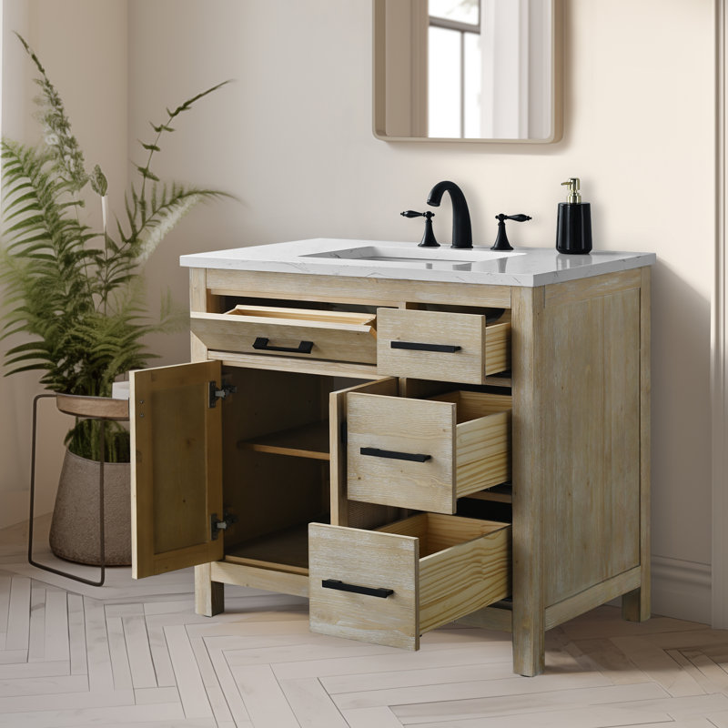 Meuble-lavabo simple 36 po avec plateau en pierre Marquist, Essence de sapin clair