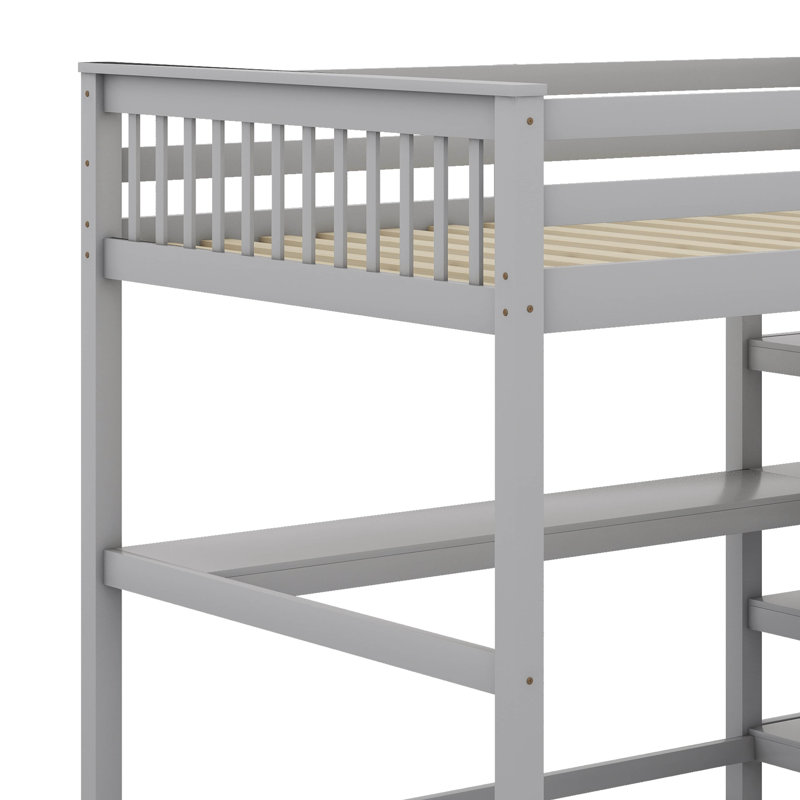 Lit mezzanine avec tablettes de rangement et bureau sous le lit, Gris, Lit double