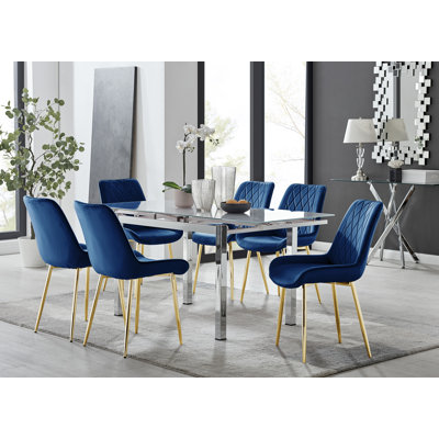 Ensemble de table de salle à manger extensible en verre et en métal Tierra et 6 chaises de salle à manger rembourrées en velours