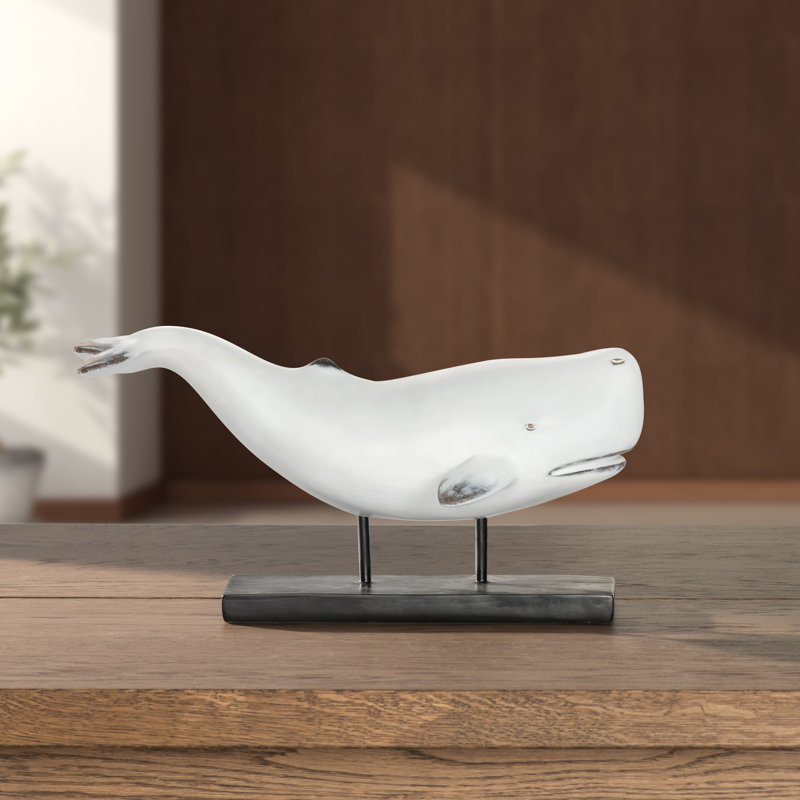 Nautical Whale Statue with Rustic Finish on Display Stand, White