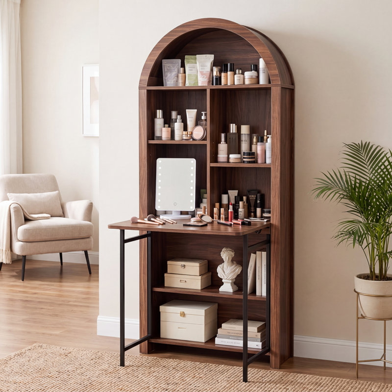 Bureau d'artisanat pliable avec tablettes de rangement, bureau convertible dissimulé en bibliothèque pour petits espaces 2-en-1