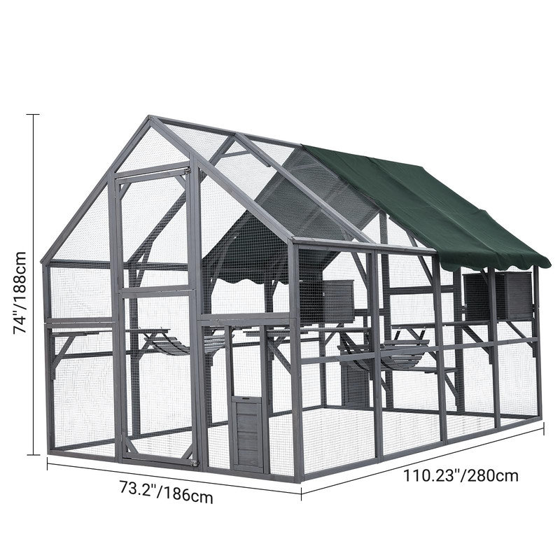 Enceinte pour chat 110 pouces très large - Catio d'extérieur avec toit imperméable, espace de 57 pi², filet galvanisé pour chats, lapins et volailles