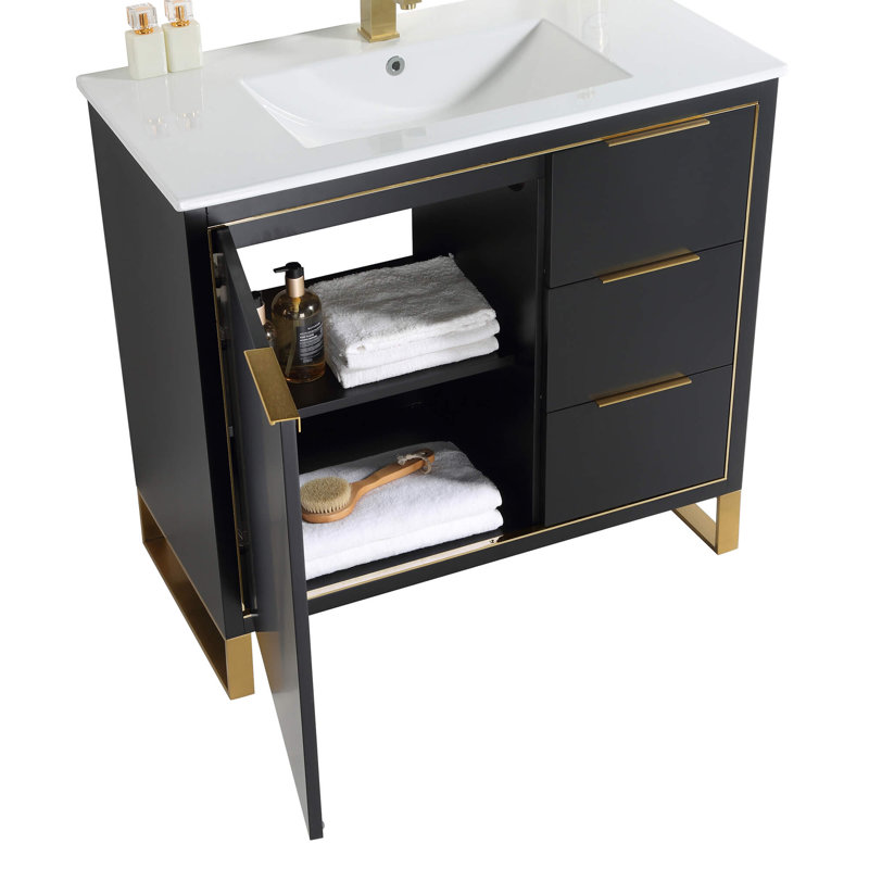 Ensemble de meuble-lavabo simple 36 po, Noir mat, Laiton satiné