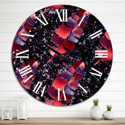 Feuilles tropicales rouges sur fond noir - horloge murale moderne