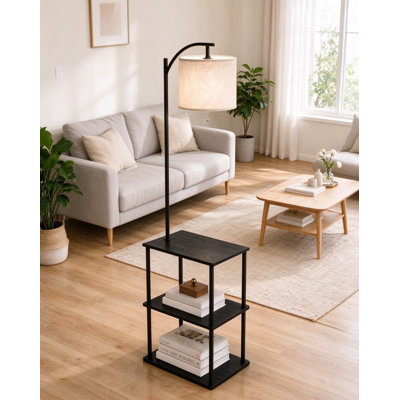 Lampe sur pied avec table et tablettes, table d'appoint avec lampe attachée, abat-jour en lin réglable, ampoule DEL incluse, lampe de rangement pour le salon, la chambre et le bureau