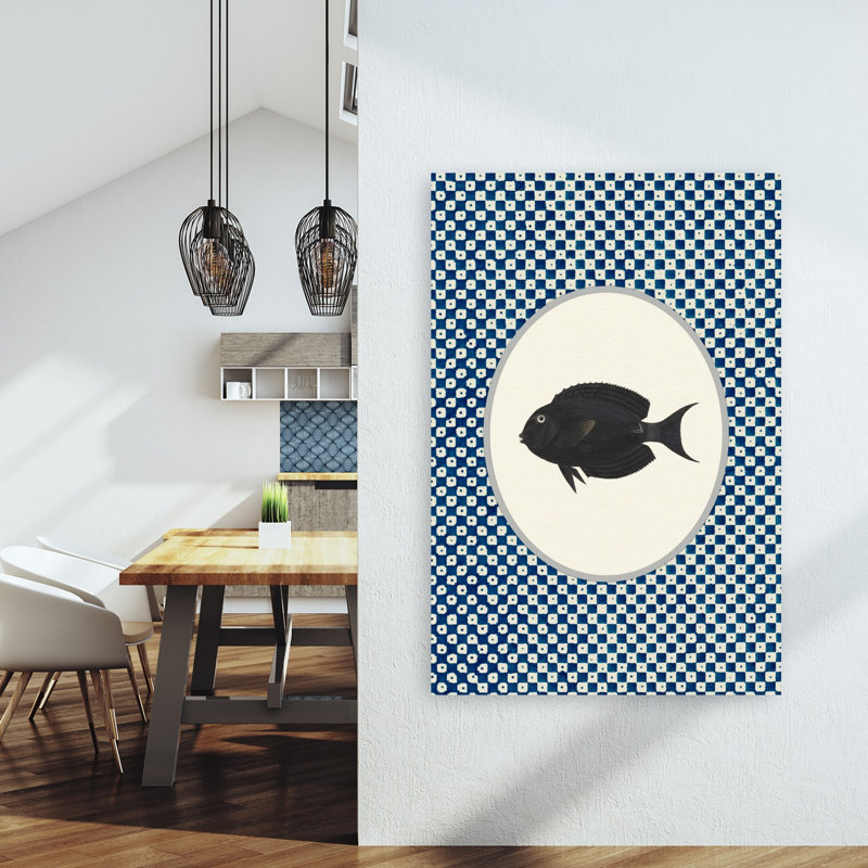 Impression sur bois foncé, motif indigo, poisson traditionnel, nature, océan, 60" H x 40" W