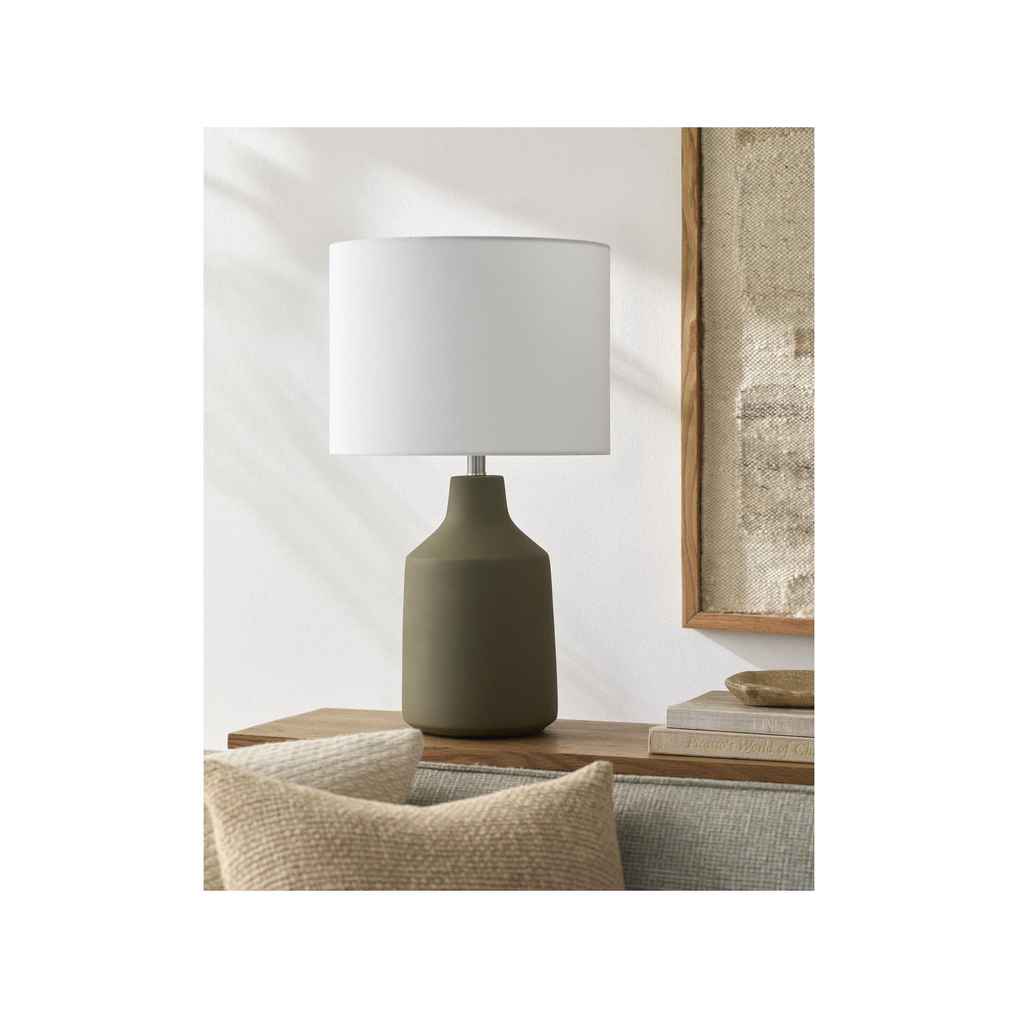 Lockwood Concrete Table Lamp with Linen Shade , White, Green