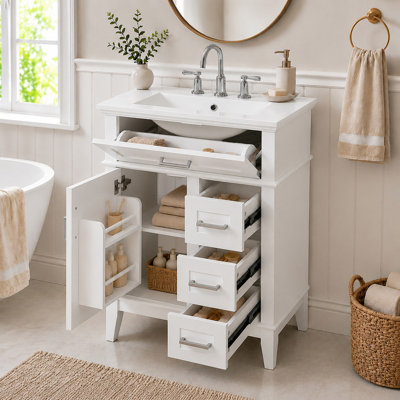 24 Inch Bathroom Vanity with Ceramic Sink,with 1 Door and 3 Drawers,Soft Close Hinges,Silver Handles