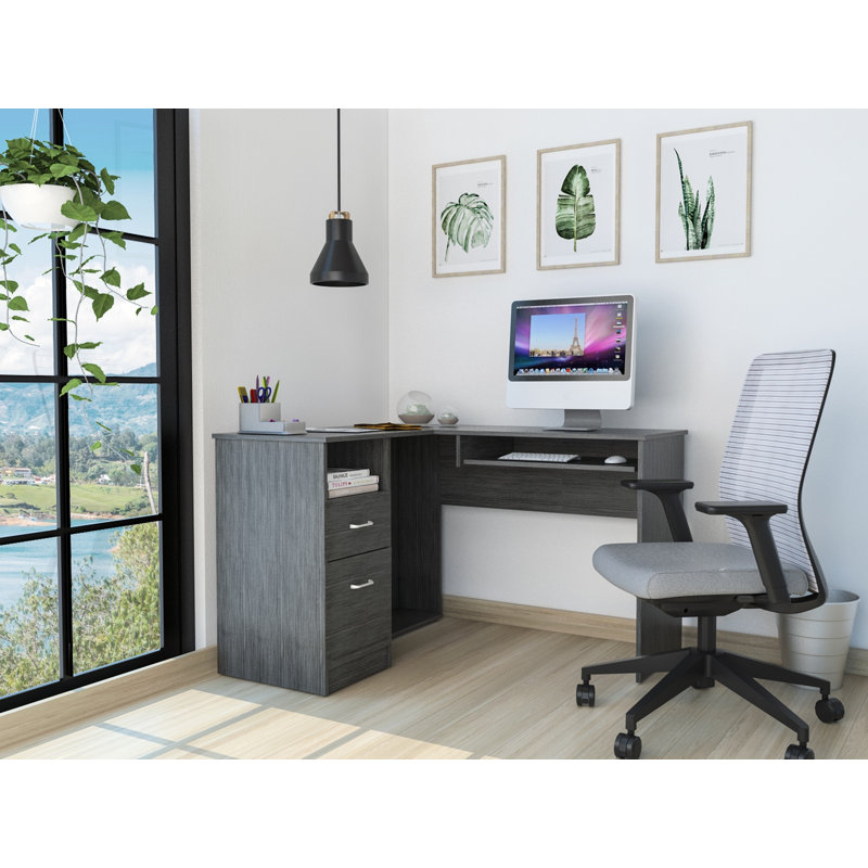 2-Drawer 1-Shelf L-Shaped Computer Desk Home Office Desk, Gray