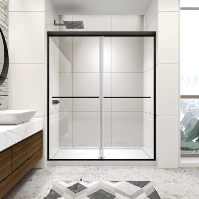 56-60" W x 70" H Framed Shower Door Double Sliding Door with 1/4" (6mm) Clear Tempered Glass, 2 Towel Bars for Walk-in Bathroom, Matte Black Finish Shower Doors, Reversible Installation