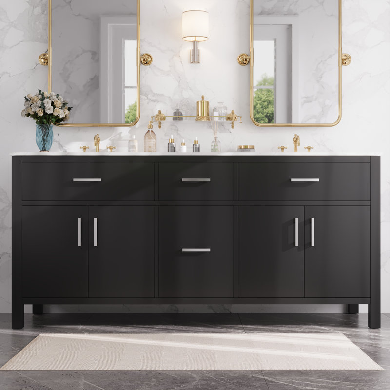 72" Black Double Freestanding Bathroom Vanity with Marble Top