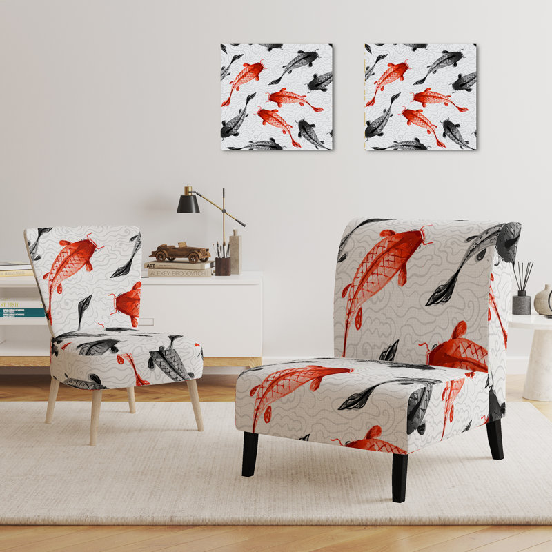 Accent Chair, Beige Floral Pattern Upholstered Decor - Beige Floral Pattern II, White/Red/Black