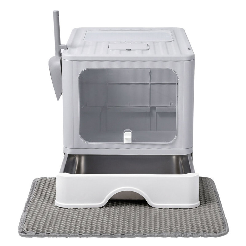 Skylos Cat Litter Box Stainless Steel Enclosed Drawer Odor Control Foldable Grey