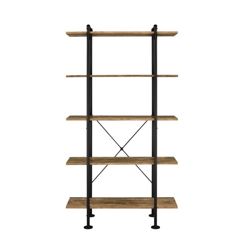 Bibliothèque industrielle rustique en chêne et en noir avec 5 tablettes - Rangement de bureau pratique et bibliothèque