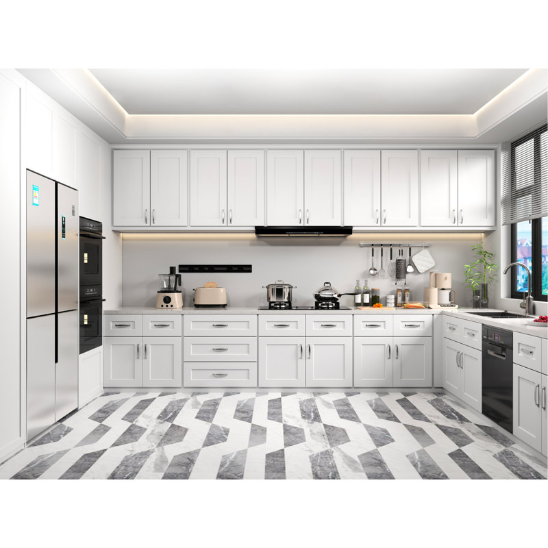 Armoire à portes doubles classique en bois blanc de style Shaker avec tablettes réglables et système Easy-Click pour la lessive dans la cuisine l 27 po x P 12 po x H 36 po