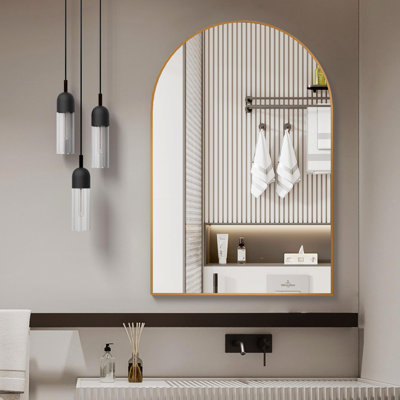 Miroir mural arqué doré pour salle de bain 24 x 32 pouces - verre 4 mm, cadre rouille, protection incassable, manuel d'installation avec étapes détaillées, film en métal et pièces de montage