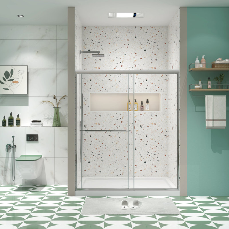 56 - porte de douche de contournement de 60 po x 70 po, verre trempé de 1/4 po, porte coulissante avec rouleau d'essai ouvert et fermé de longue durée de 70 po, finition polie, performance stable