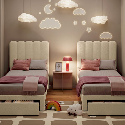 2 ensembles de lit simple avec tiroir sous le lit, lit plateforme tapissier avec tête de lit Wave pour enfants / filles, support de lattes en bois, aucun sommier nécessaire, beige Boucle