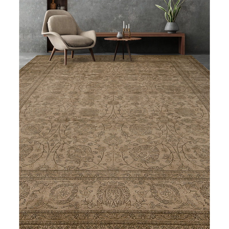 Hand Knotted Wool Area Rug in Gold