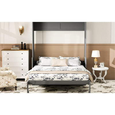 Grand lit escamotable avec bureau, lumières DEL et station de charge USB, gris