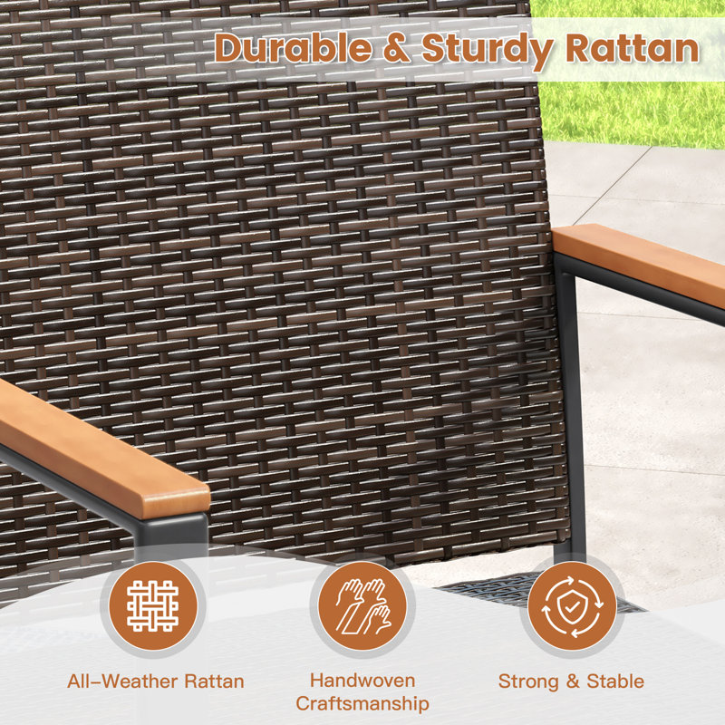 6-Person Patio Dining Set with 63"L Rectangular Dining Table and 6 Rattan Solid Wood Armrest Dining Chairs, Black/Brown