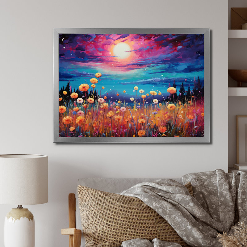 Pleine lune magique sur une fleur de prairies sur toile, Cadre simple argenté, H 24 po x l 32 po x P 1 po