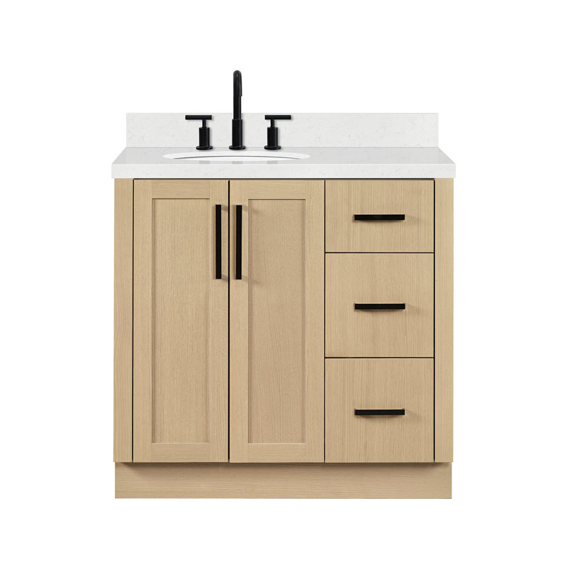 Meuble-lavabo de salle de bain avec lavabo ovale simple décalé à gauche de 91 cm (36 po) et comptoir en quartz blanc de Carrare de 3,8 cm (1,5 po) en chêne naturel