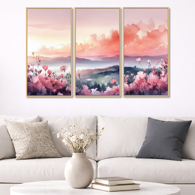 «Sunset Gradient Flower Hills - Blue Abstract Landscape», art mural sur toile, ensemble de 3