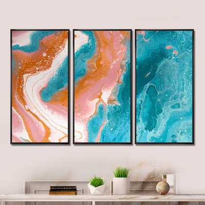 Turquoise et rose Marble Waves II - 3 pièces, reproduction sur toile
