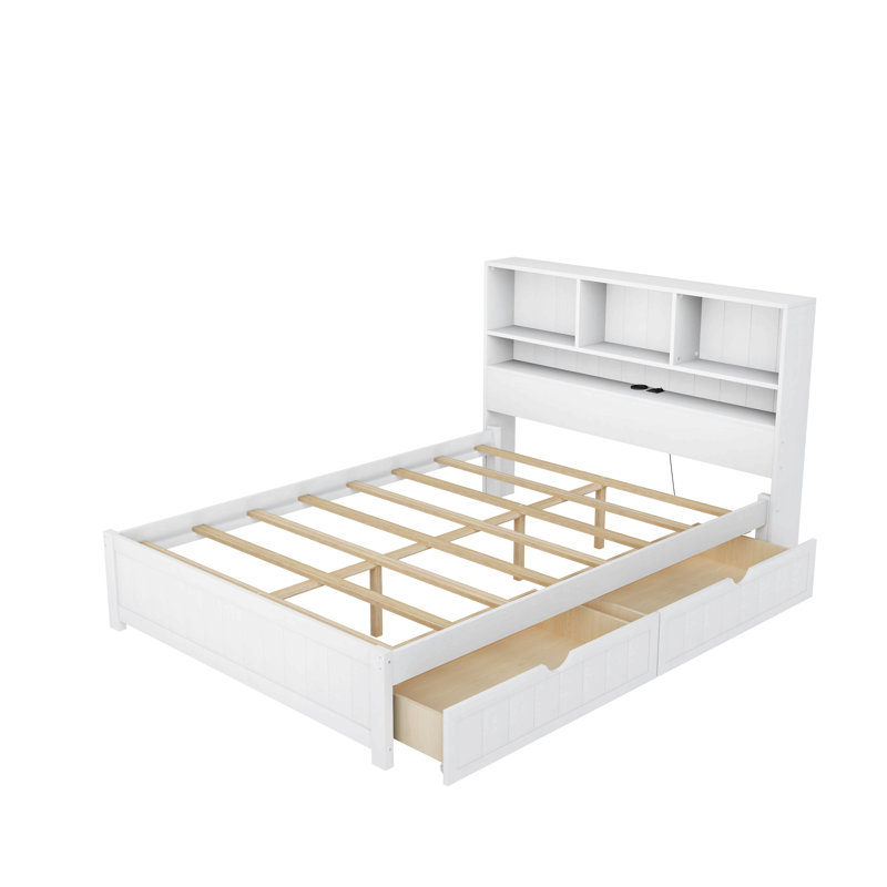 Lit plateforme en bois avec tête de lit bibliothèque, luminaire encastré, station de charge et 2 tiroirs latéraux, Lit double