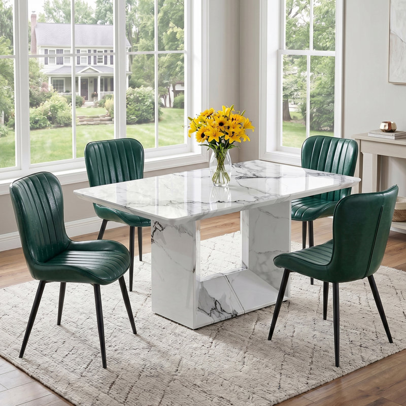 5 - Piece Modern Glam Dining Set With 63" Rectangular Faux Marble Table And 4 Channel-Tufted Faux Leather Chairs, Green