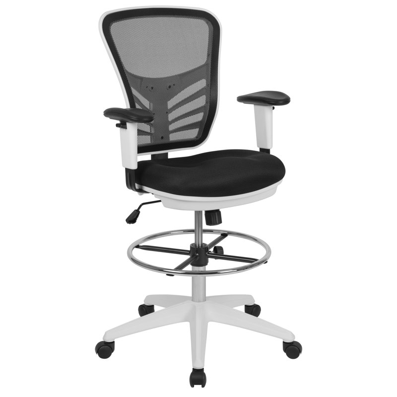 Mid-Back Mesh Ergonomic Drafting Chair with Adjustable Chrome Foot Ring, Adjustable Arms, Black, White