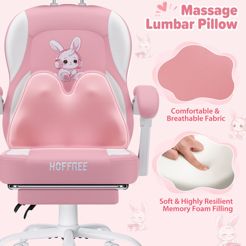 Gaming Chair With Cute Bunny Massage Lumbar Pillow Kids Ergonomic Computer Chair With Adjustable Headrest And Footrest, Pink