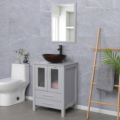 Ensemble de meuble-lavabo simple 24 po avec plateau en bois manufacturé, lavabo vasque, robinet, drain Calebe