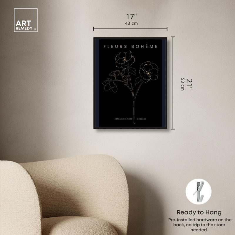 Fleurs Boheme Moderne II, art boho minimaliste par Hokku Designs, H 21 po x l 17 po, Cadre noir