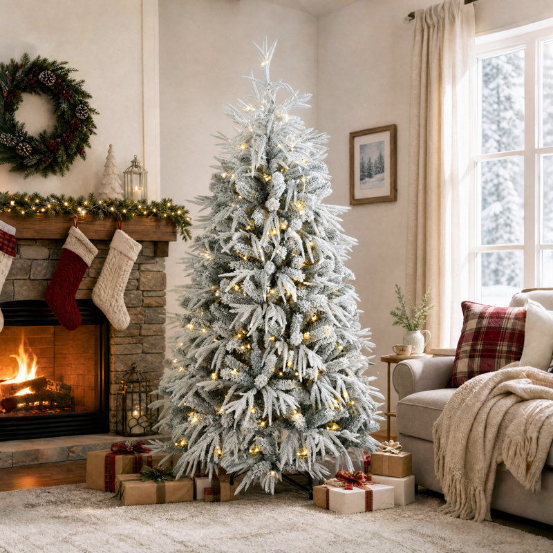 Sapin de Noël pré-illuminé de 1,80 m, sapin floqué, vert et blanc