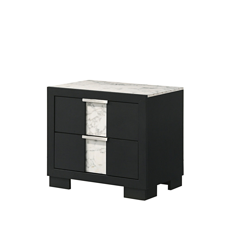 Contemporary Nightstand With Two Drawers And Metal Knobs, Bed Side Table, Black/White