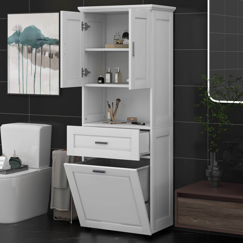 Laundry Cabinet With Tilt Out Laundry Hamper And Drawer, Wood Tall Bathroom Storage Cabinet With Doors And Adjustable Shelves, Freestanding
