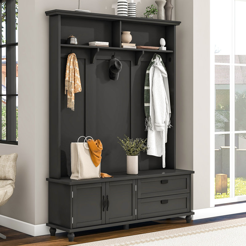 Lavance Hall Tree with Bench and Shoe Storage, Black
