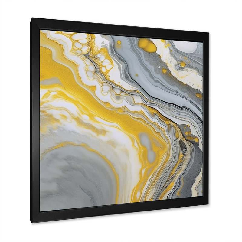 «Gray Yellow Marble Symphony», reproduction d'art sur toile encadrée abstraite, Cadre simple noir, H 24 po x l 24 po x P 1 po