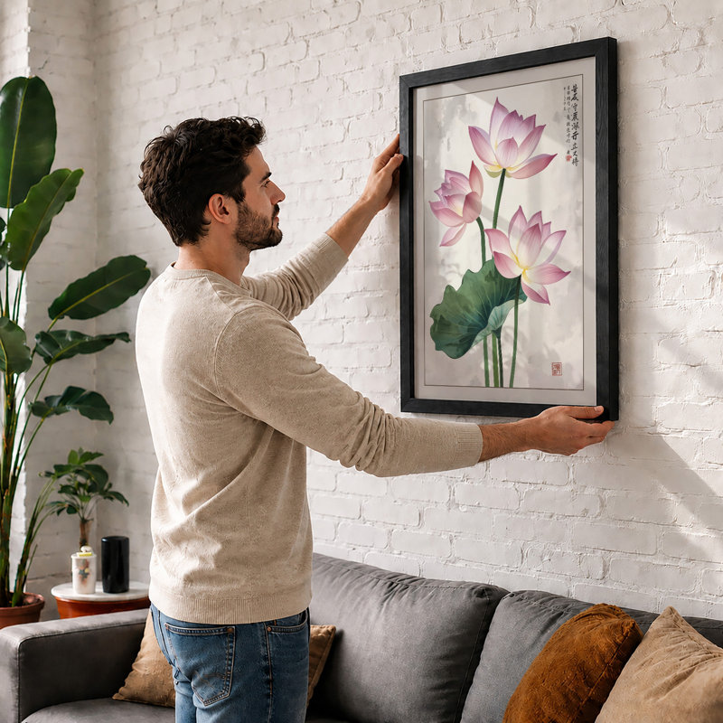Lotus in Bloom Botanical - Framed Print, A4 - 29.7 x 21.0 cm, Black