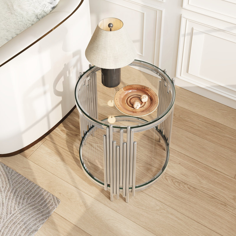 Table de bout ronde en verre à 2 niveaux avec cadre en verre transparent et argent, H 21,26 po x l 19,7 po x P 19,7 po