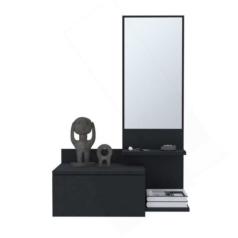 Armoire de couloir flottante H 36,2 po, 1 tiroir, 3 tablettes, 1 miroir, noir, Noir