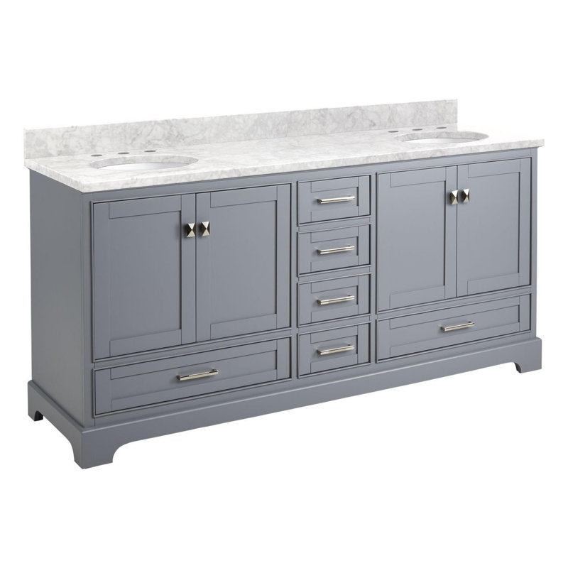 Quen 72" Freestanding Double Basin Vanity Set with Cabinet, Vanity Top, and Oval Undermount Sinks, Gray, Brushed Nickel