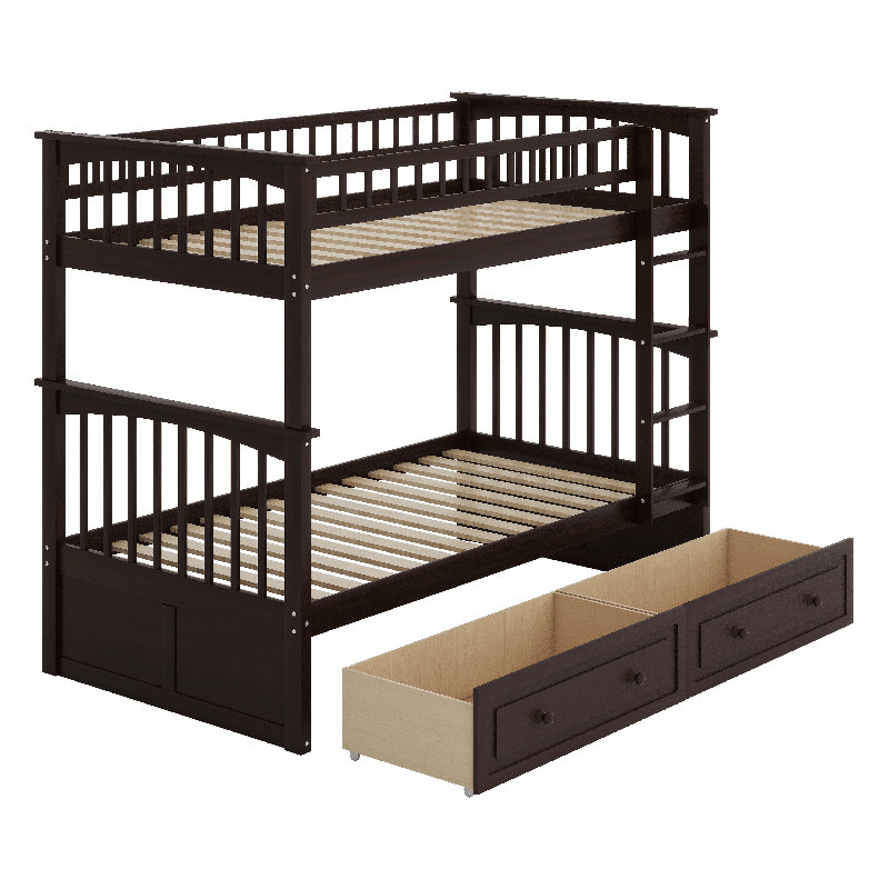 Twin Over Twin Bunk Bed With Drawers, Wood Detachable Bunk Bed Frame