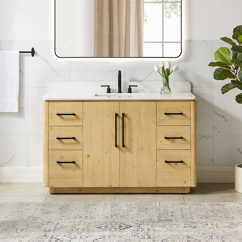 Lewistown 54" Single Bathroom Vanity in Nature Brown with Grain White Engineered Stone Countertop without Mirror