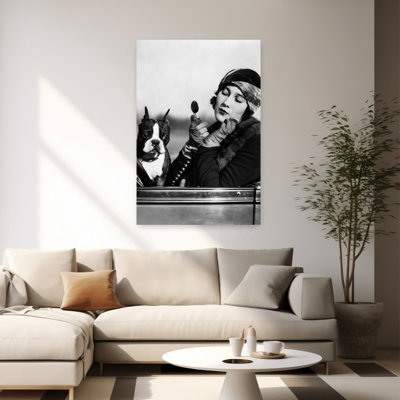 1920S Flapper In Convertible Powdering Her Cheek In Mirror With Boston Bulldog In Her Lap Retro Vintage Bulldog Dog Animal Portrait Art
