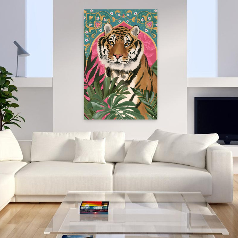 Tigre à la porte, tigre de palmier abstrait, art de paysage tropical, H 48 po x l 32 po