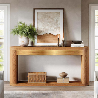62.99" Narrow Brown Fluted  Console Table With Storage For Entryway Sofa Table, Hallway, Front Door & Living Room